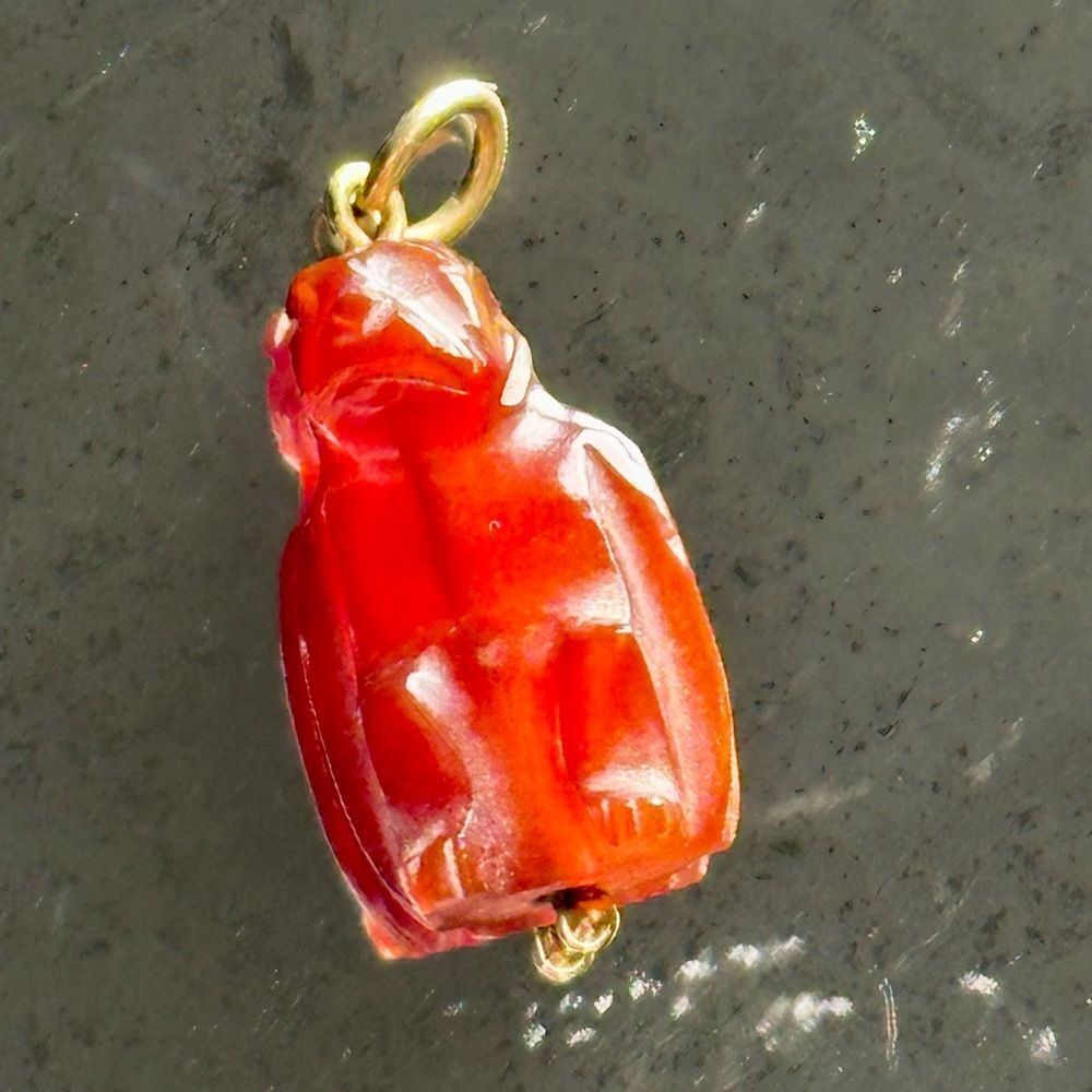 Vintage Tiny Carved Coral Or Chalcedony Monkey Pendant